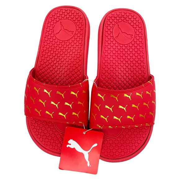 red puma suede slides